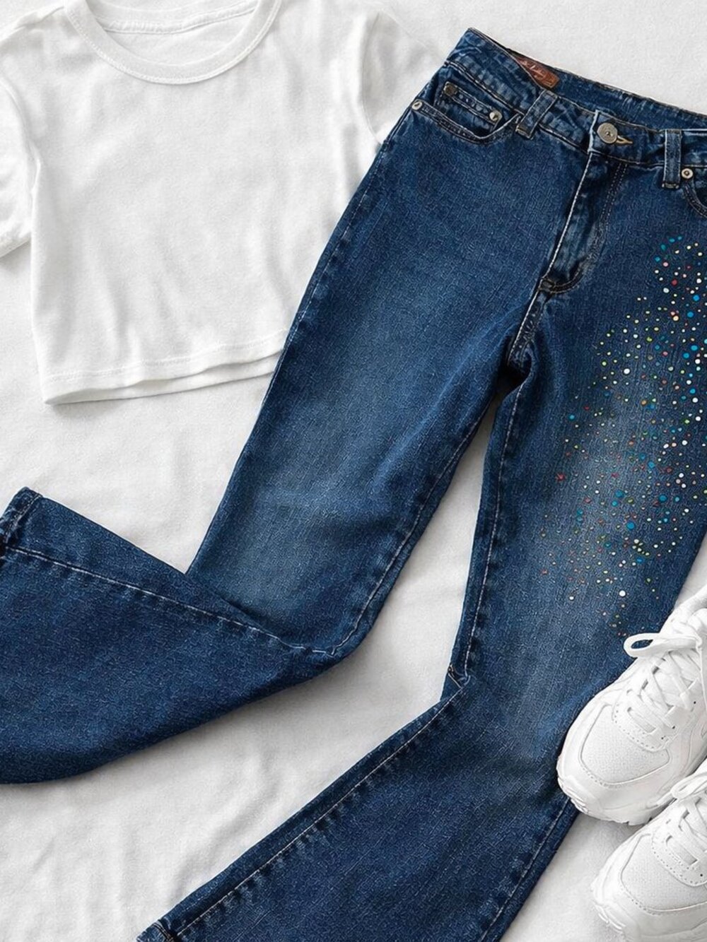 Y2K Embellished Rhinestone Jeans Size 8 Flare Low Rise Festival Denim